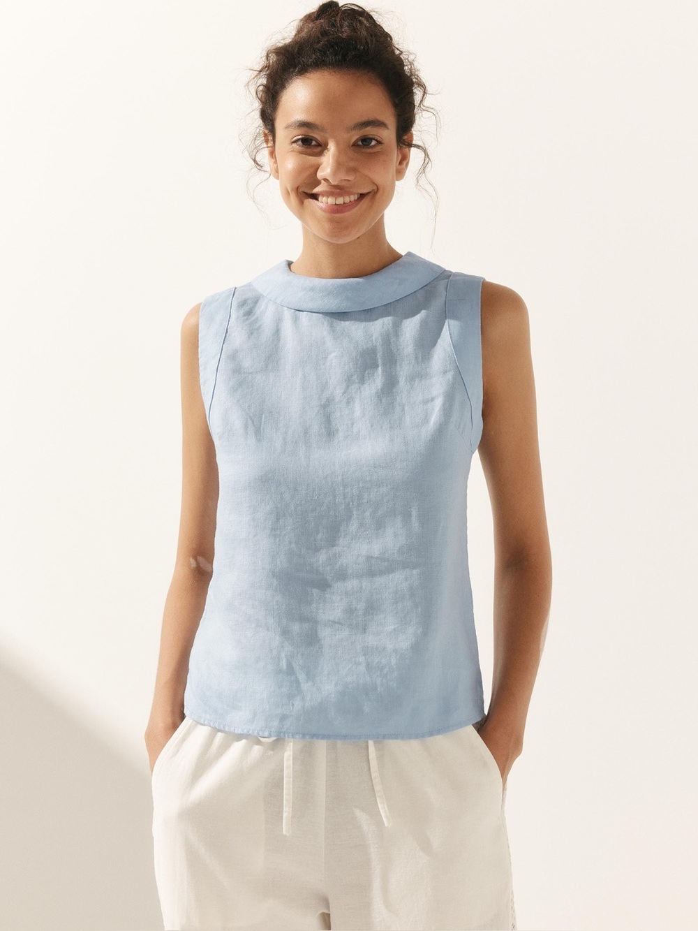 Lintico Ice Blue Jacqueline 100% Linen Draped Collar Tank Top Shirt Size Large